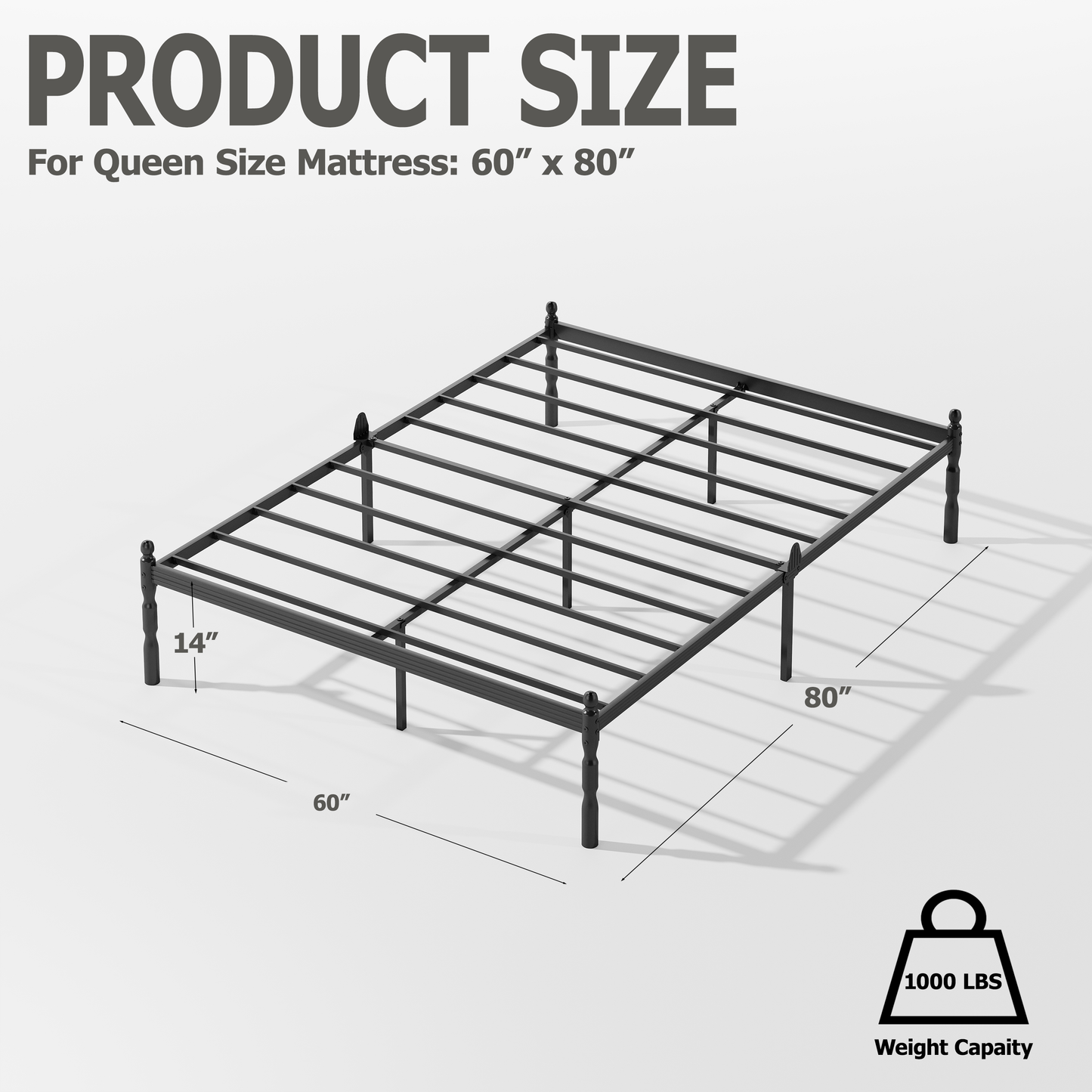 QFTIME 14" Queen Metal Platform Bed Frame with Anti-Slip Stoppers, Heavy-Duty Construction, No Box Spring Needed, Underbed Storage, Noise-Free Steel Slats