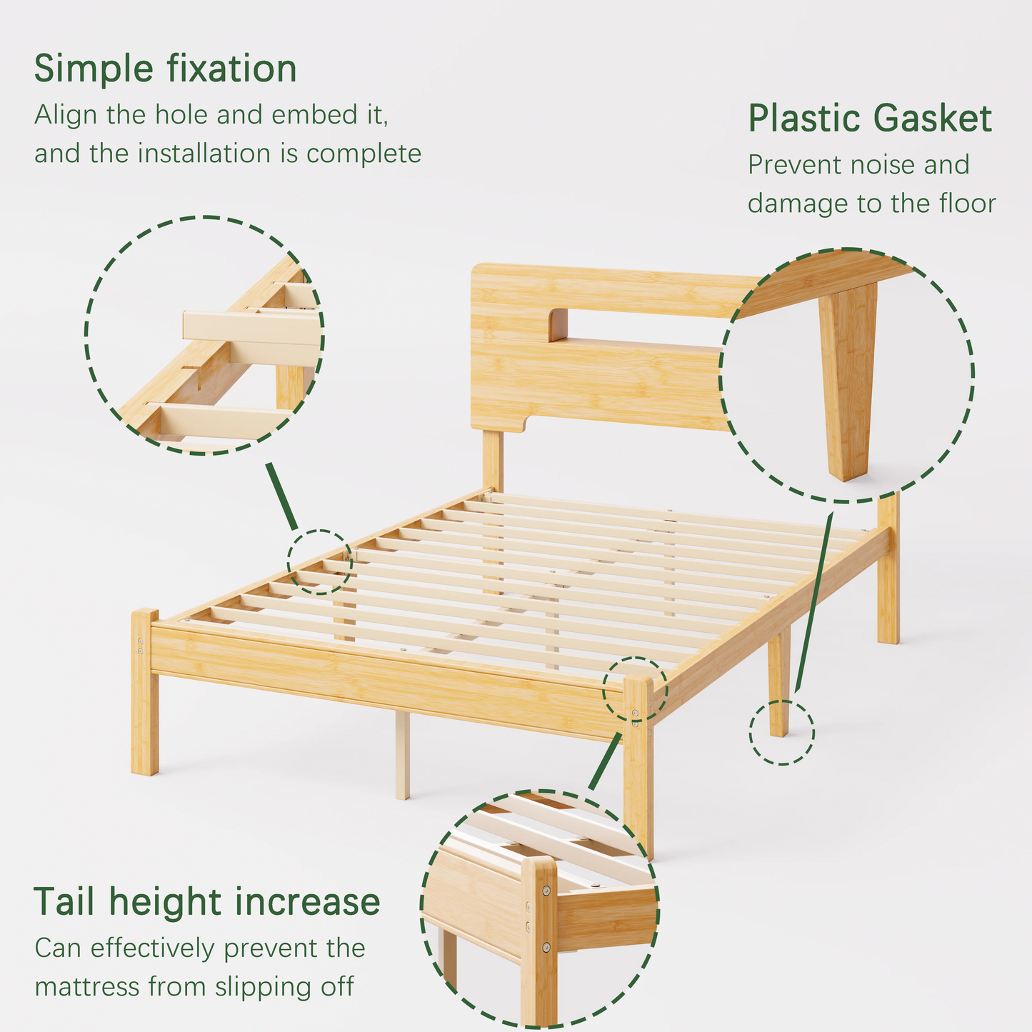 QFTIME 14 inch Queen Size Bamboo Bed Frame with Storage Headboard, Heavy Duty Wood Foundation with Metal Slats Support, No Box Spring Needed