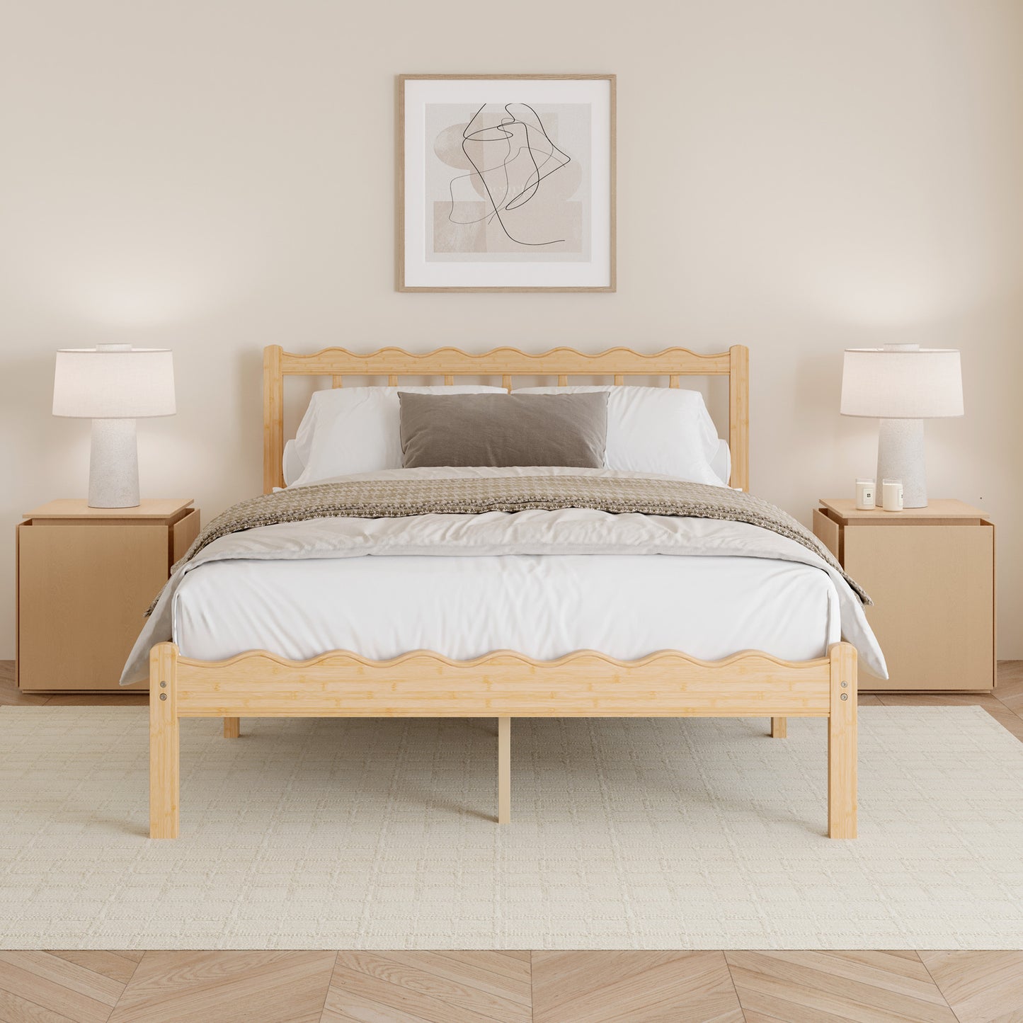 QFTIME 14 inch Queen Size Bamboo Bed Frame with Storage Headboard, Heavy Duty Wood Foundation with Metal Slats Support, No Box Spring Needed, Easy Assembly