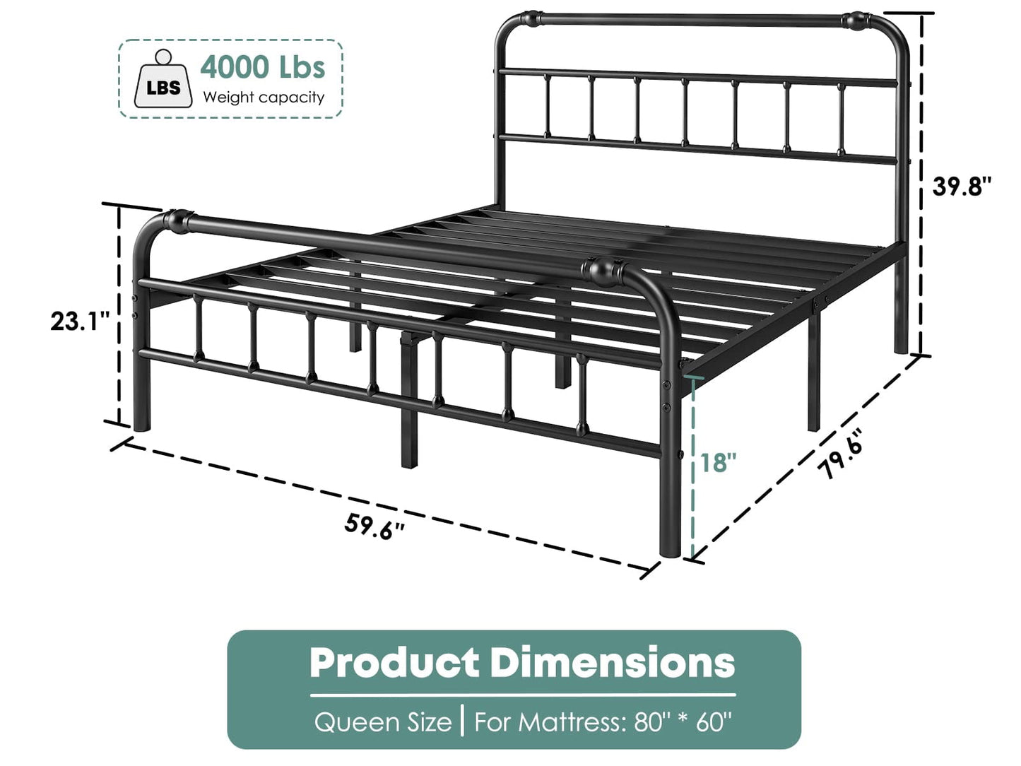 QFTIME Queen Bed Frame with Headboard,Heavy-Duty Metal Platform Bed Frame with 16" Storage,Non-Slip and Noise-Free,No Box Spring Needed,Black