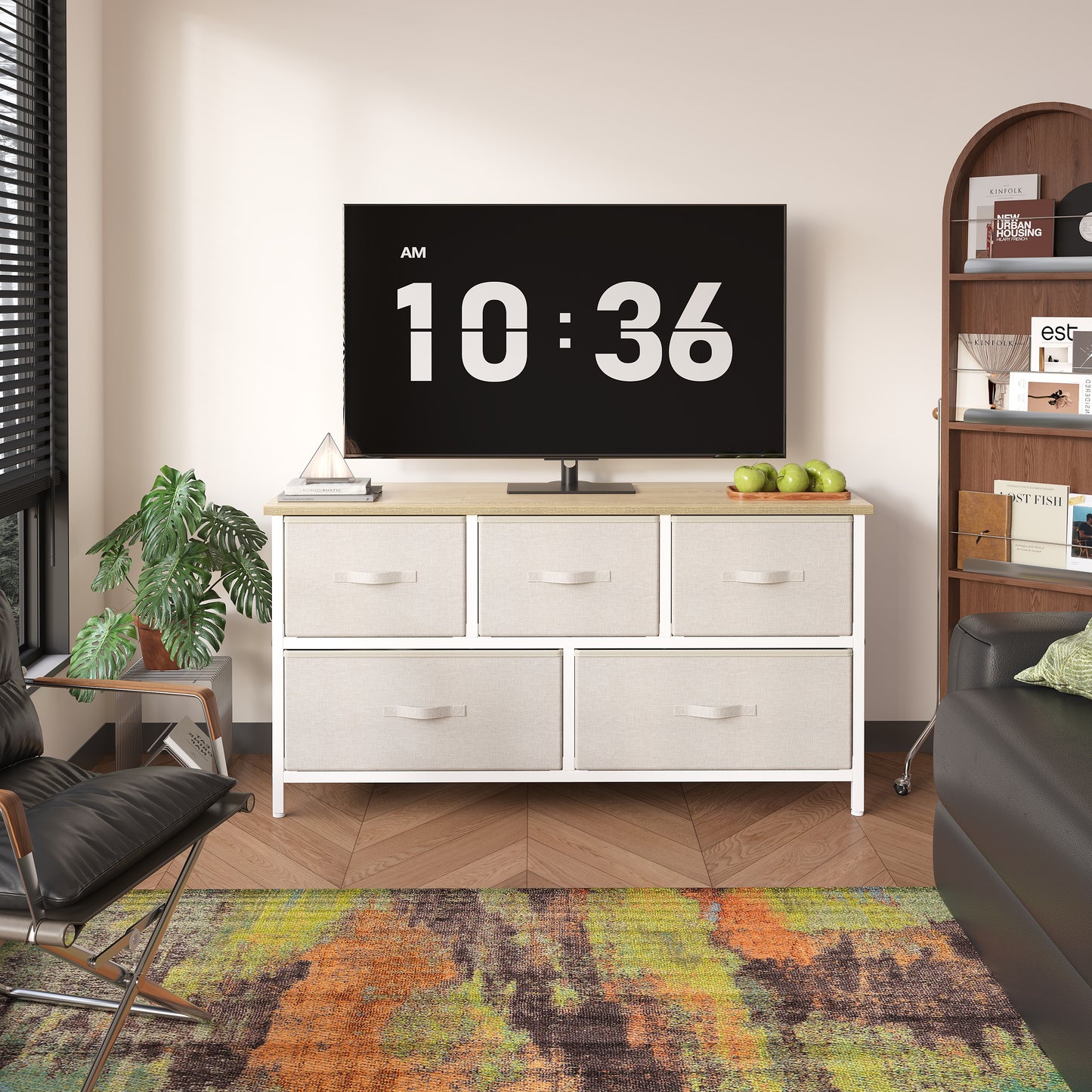 QFTIME 5 Drawer Dresser TV Stand, Sturdy Metal Frame, Massive Storage Fabric Drawers, Chest of Drawers for Bedroom, Living Room