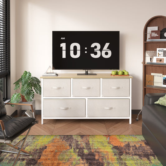 QFTIME 5 Drawer Dresser TV Stand, Sturdy Metal Frame, Massive Storage Fabric Drawers, Chest of Drawers for Bedroom, Living Room