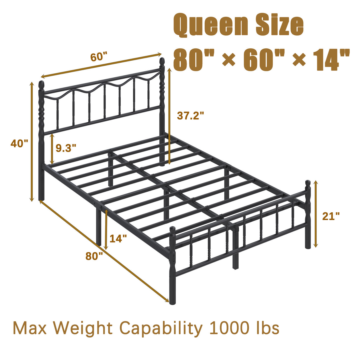 QFTIME 14 inch Queen Size Metal Bed Frame with Headboard and Footboard, Premium Metal Slats Support, Heavy Duty Mattress Foundation with Ample Under-bed Storage, No Box Spring Needed