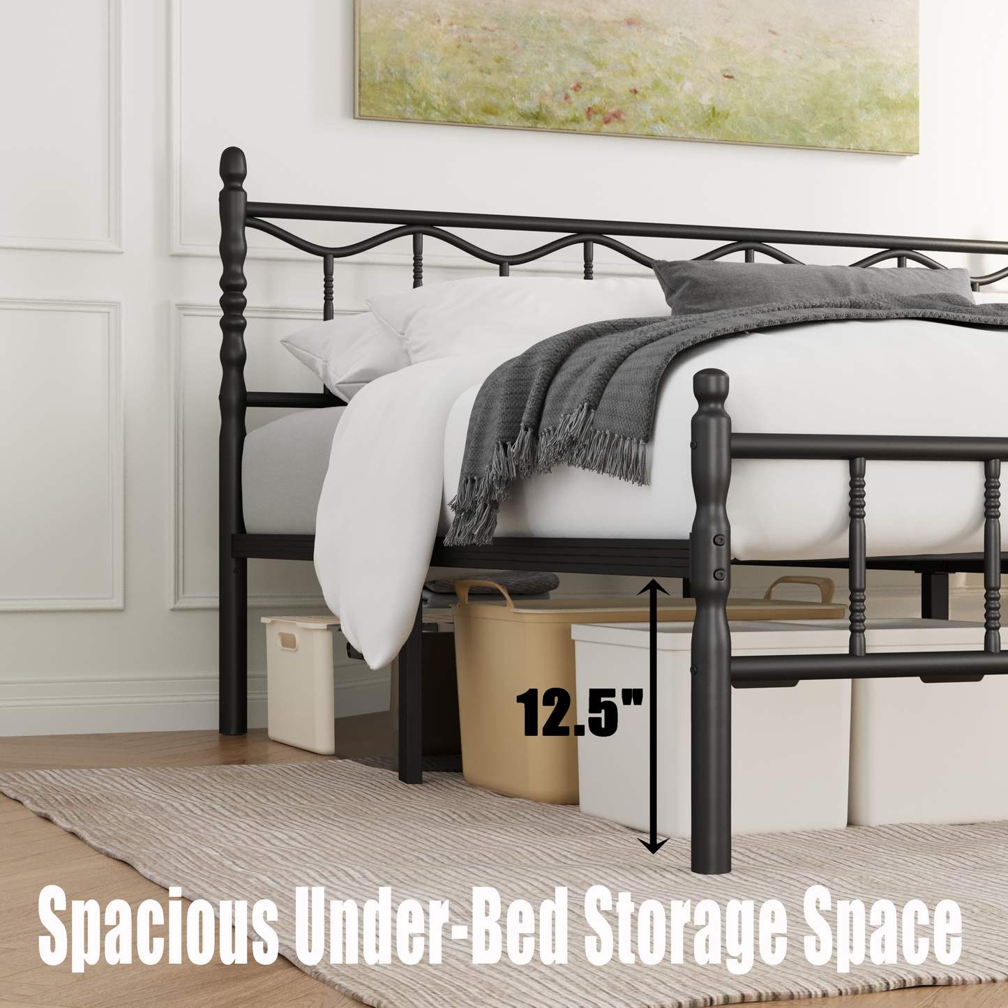 QFTIME 14 inch Queen Size Metal Bed Frame with Headboard and Footboard, Premium Metal Slats Support, Heavy Duty Mattress Foundation with Ample Under-bed Storage, No Box Spring Needed