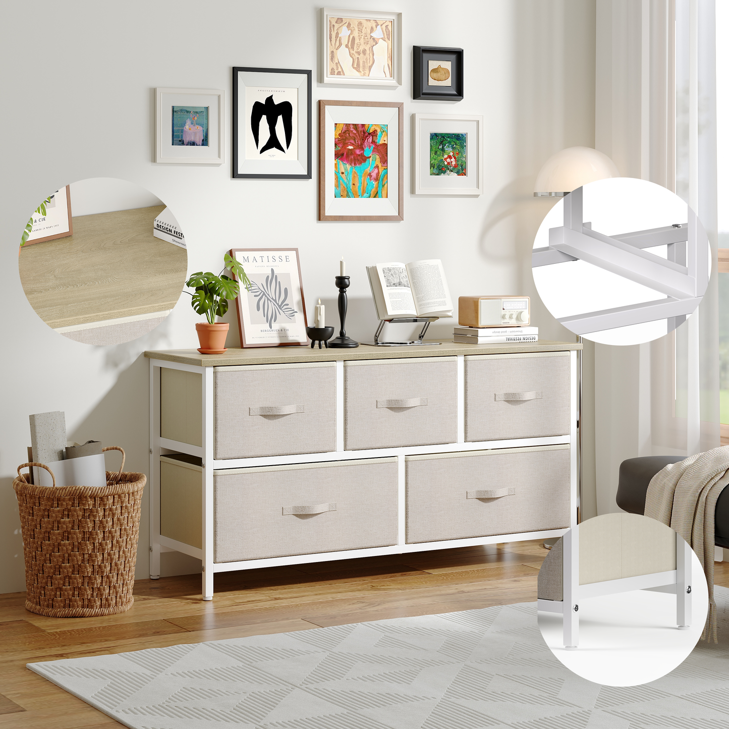 QFTIME 5 Drawer Dresser TV Stand, Sturdy Metal Frame, Massive Storage Fabric Drawers, Chest of Drawers for Bedroom, Living Room