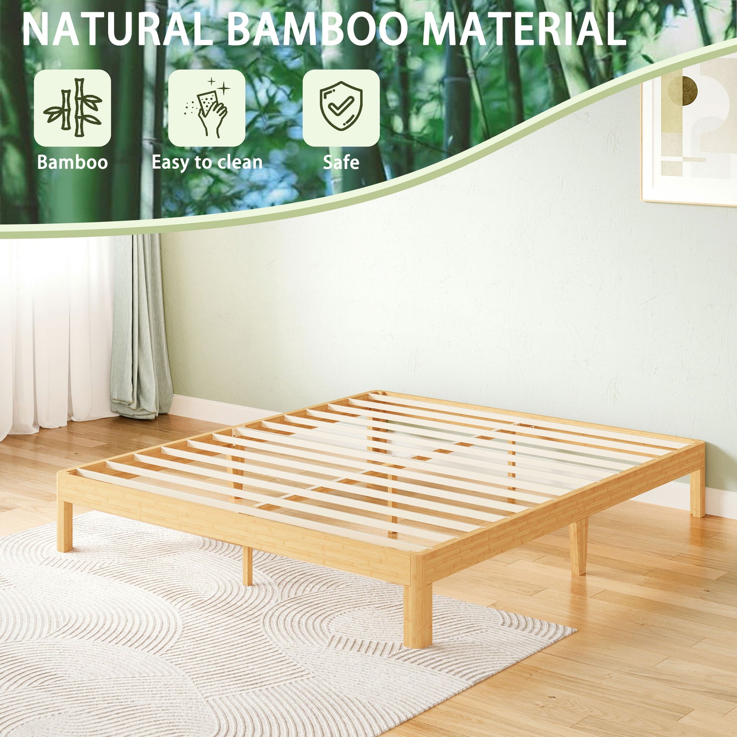 QFTIME 10 inch Queen Size Bamboo Platform Bed Frame, Metal Slat Support, No Box Spring Needed, Easy Assembly