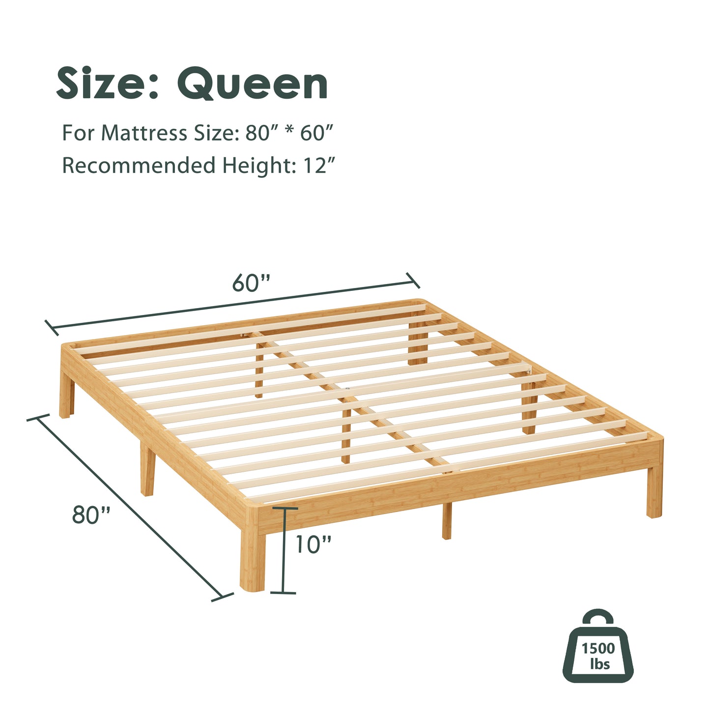 QFTIME 10 inch Queen Size Bamboo Platform Bed Frame, Metal Slat Support, No Box Spring Needed, Easy Assembly