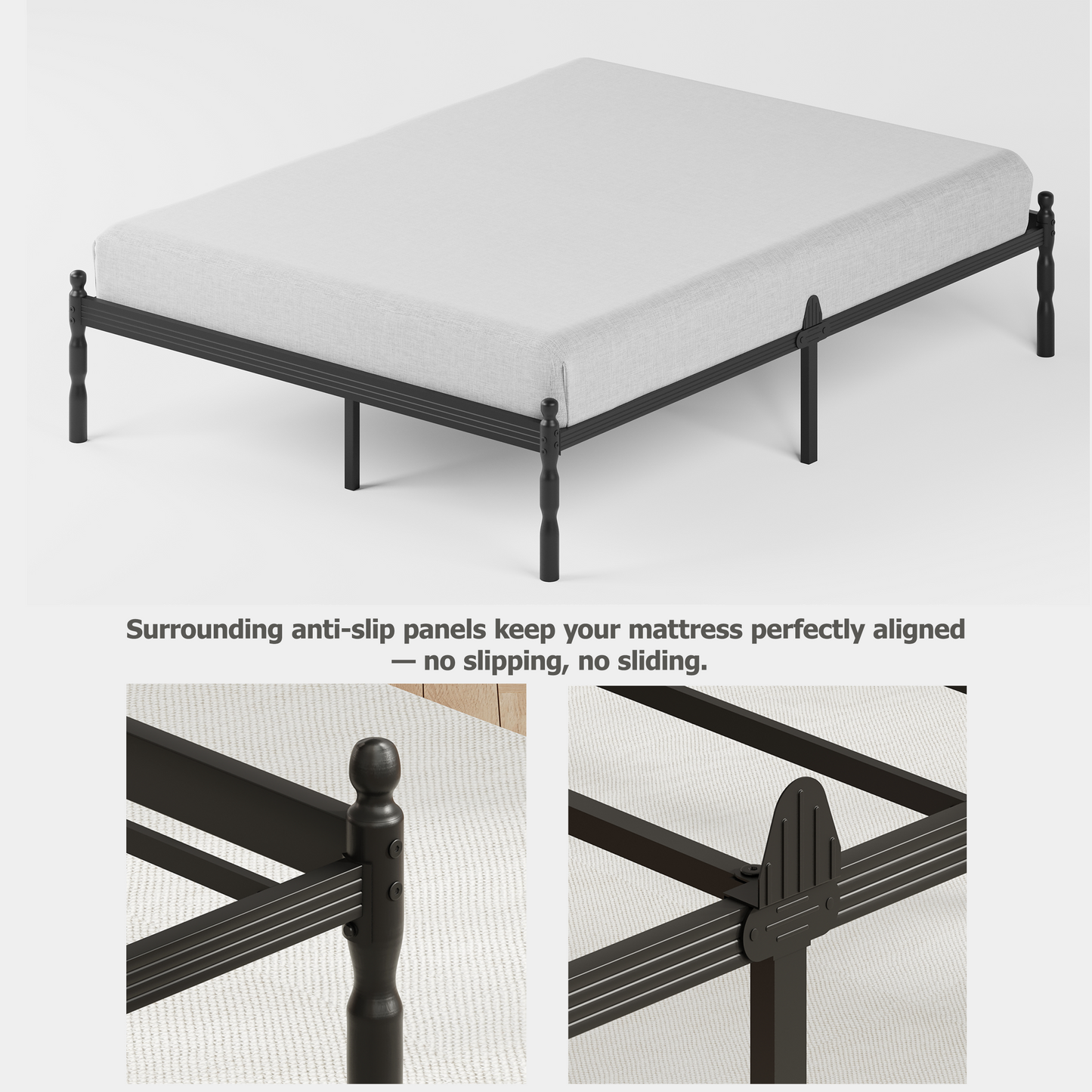 QFTIME 14" Queen Metal Platform Bed Frame with Anti-Slip Stoppers, Heavy-Duty Construction, No Box Spring Needed, Underbed Storage, Noise-Free Steel Slats