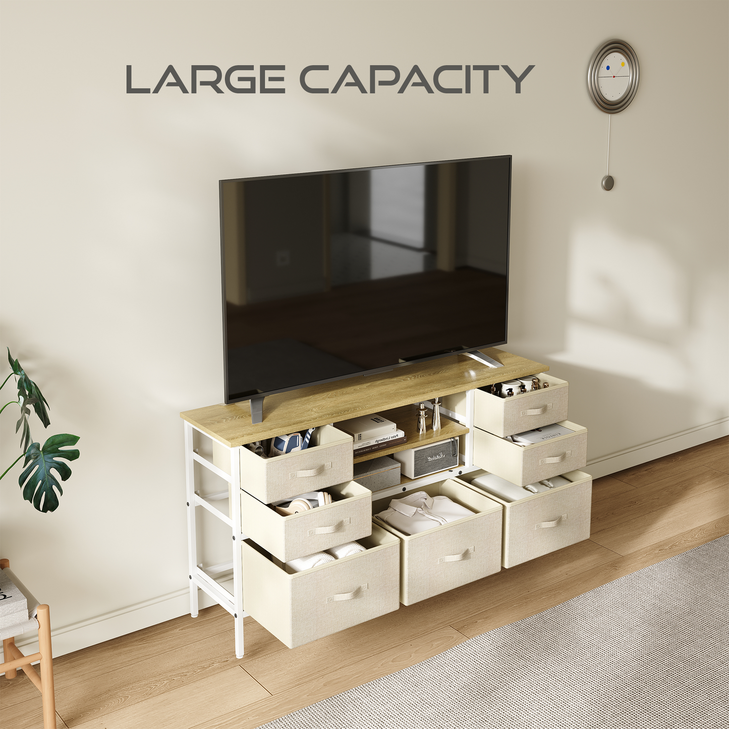 Wide 7-Drawer Dresser & TV Stand, Fabric Storage Chest with Open Shelves and Wooden Top, Sturdy Metal Frame Media Console Entertainment Center for Bedroom, Living Room, Hallway, Light Beige
