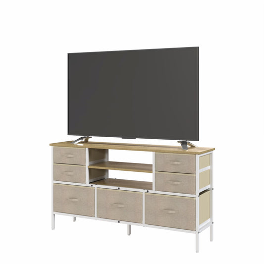 Wide 7-Drawer Dresser & TV Stand, Fabric Storage Chest with Open Shelves and Wooden Top, Sturdy Metal Frame Media Console Entertainment Center for Bedroom, Living Room, Hallway, Light Beige