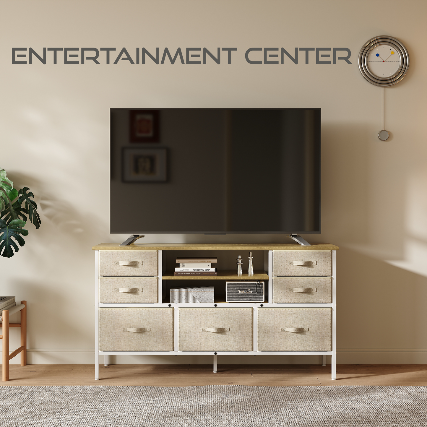 Wide 7-Drawer Dresser & TV Stand, Fabric Storage Chest with Open Shelves and Wooden Top, Sturdy Metal Frame Media Console Entertainment Center for Bedroom, Living Room, Hallway, Light Beige