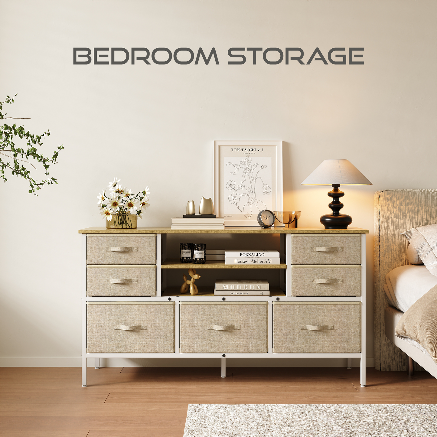 Wide 7-Drawer Dresser & TV Stand, Fabric Storage Chest with Open Shelves and Wooden Top, Sturdy Metal Frame Media Console Entertainment Center for Bedroom, Living Room, Hallway, Light Beige