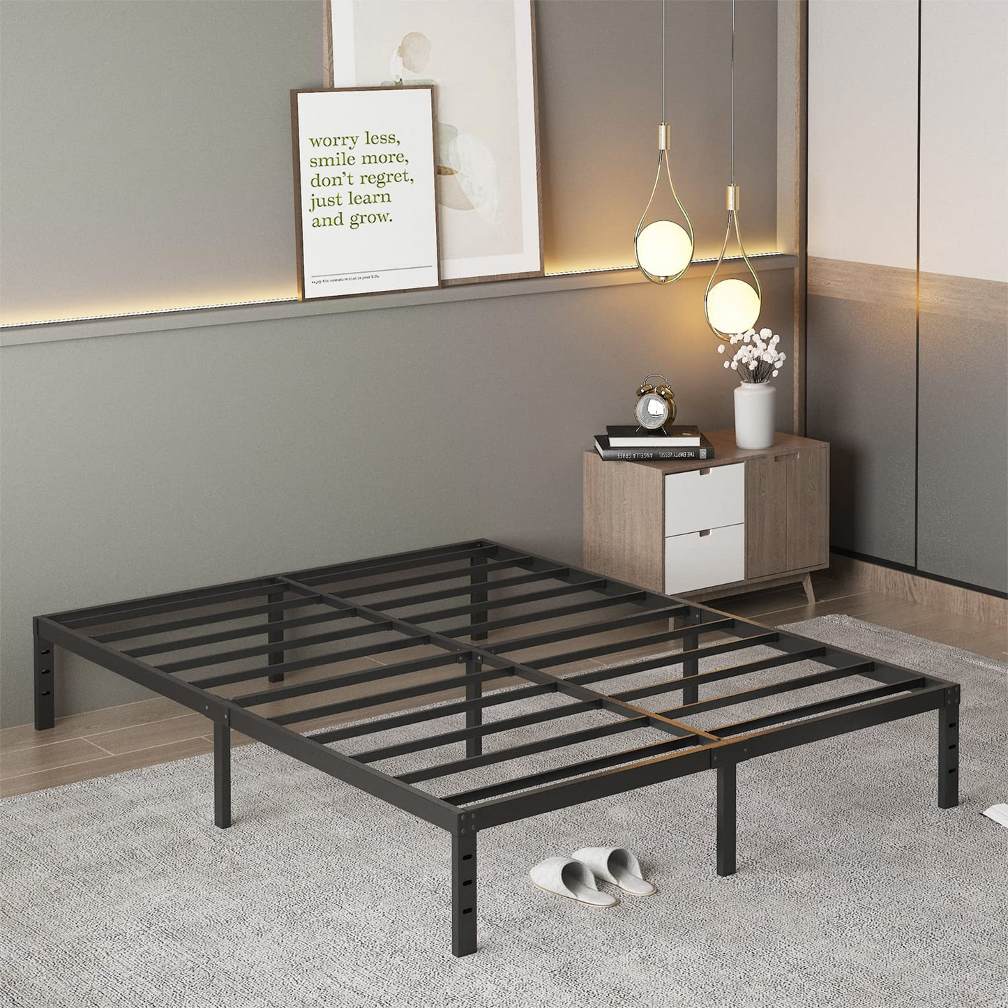 14" Metal Bed Frame with Steel Slats, Heavy Duty Mattress Foundation